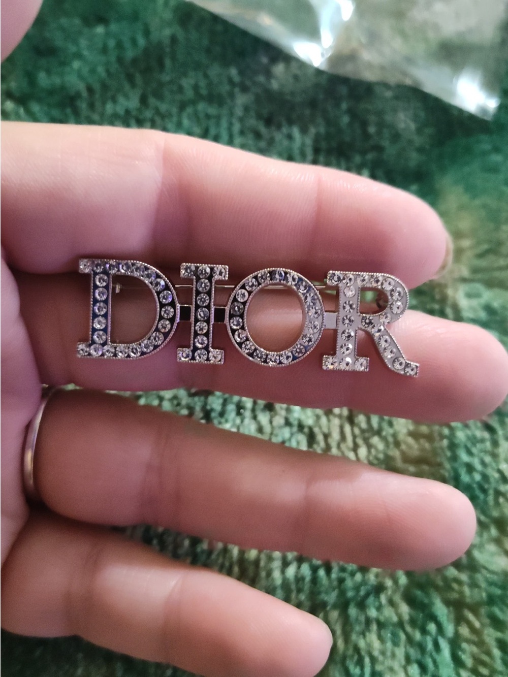 Dior Crystal-Embellished Logo Pin in Silver